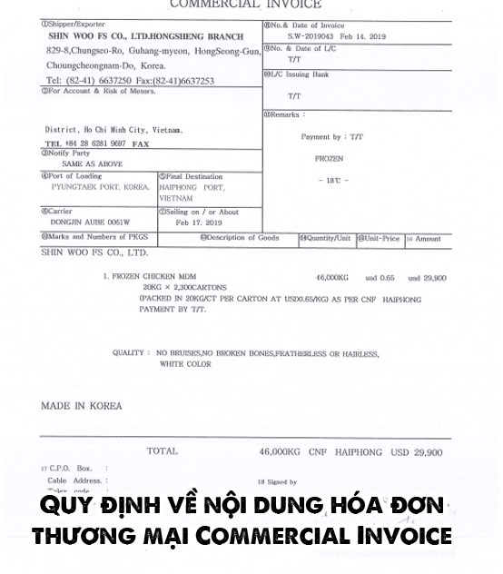 Quy định về nội dung hóa đơn thương mại Commercial Invoice