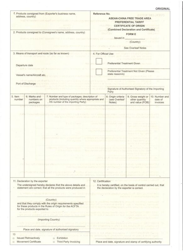 Nội dung mẫu C/O Form E chi tiết