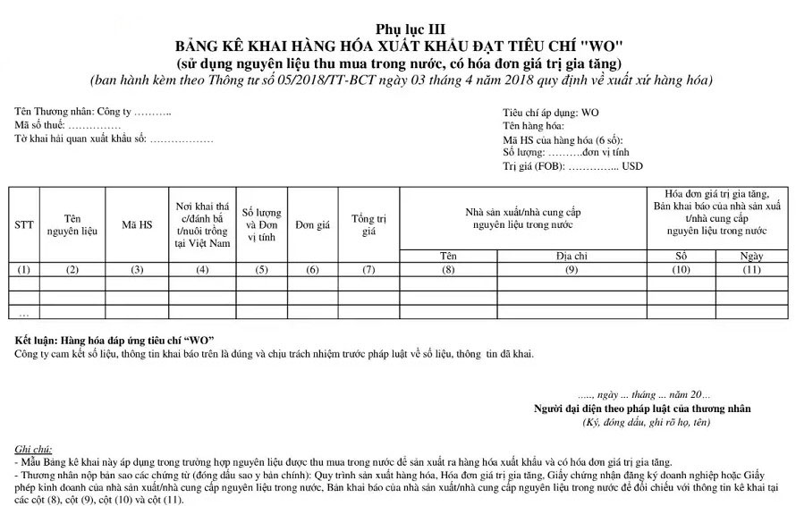 Mẫu bảng kê khai hàng hóa xuất khẩu đạt tiêu chí WO