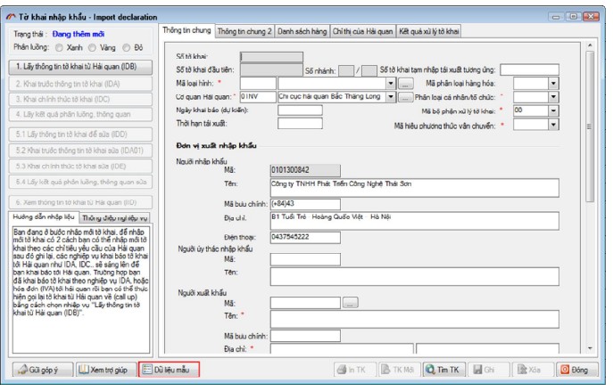  Lập tờ khai hải quan nhập khẩu mới